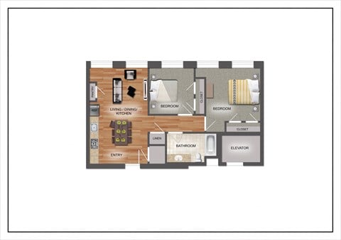 Floor plan for 2 beds, 1 bath, 993 sqft